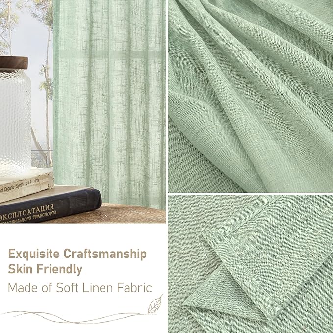 LAMIT Sheer Linen Curtains 63 Inch for Bedroom, Light Filtering Neutral Semi Sheer Farmhouse Boho Curtains Bronze Grommet Living Room Panels, Fresh Green, 2 Panels, 52 x 63 Inch