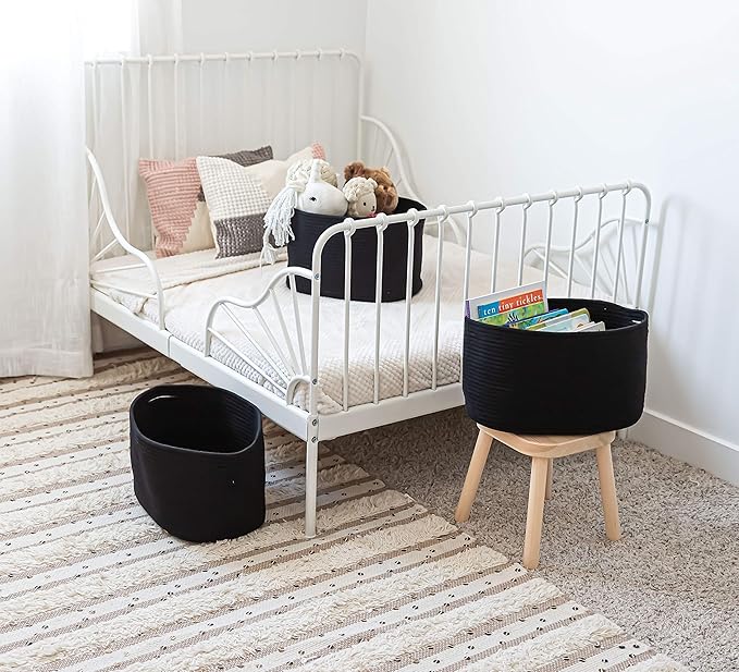 OrganiHaus Set of 3 Woven Storage Baskets for Organizing, Cotton Rope Organizer Bins for Shelves, Closet & Nursery, Dog Toy Basket, Decorative Bins for Toys, Towels & Books - 15x10x9, Black