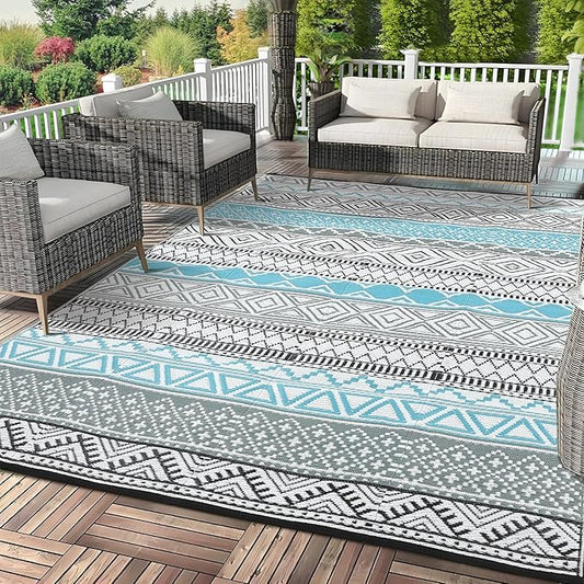 GAOMON Outdoor Plastic Straw Rug, 10'x20' Reversible Sage Green Patio Mat, Flower Modern Design for RV, Backyard, Deck, Camping, Picnic, Blue/Grey(Bohemia)