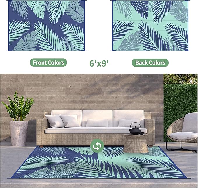 GENIMO Outdoor Rug 6' x 9' Waterproof for Patios Clearance, Reversible Outdoor Plastic Straw Camping Rug Carpet, Large Area Rugs Mats for RV, Camper, Deck, Balcony, Porch, Beach, Royal Blue&Blue Green