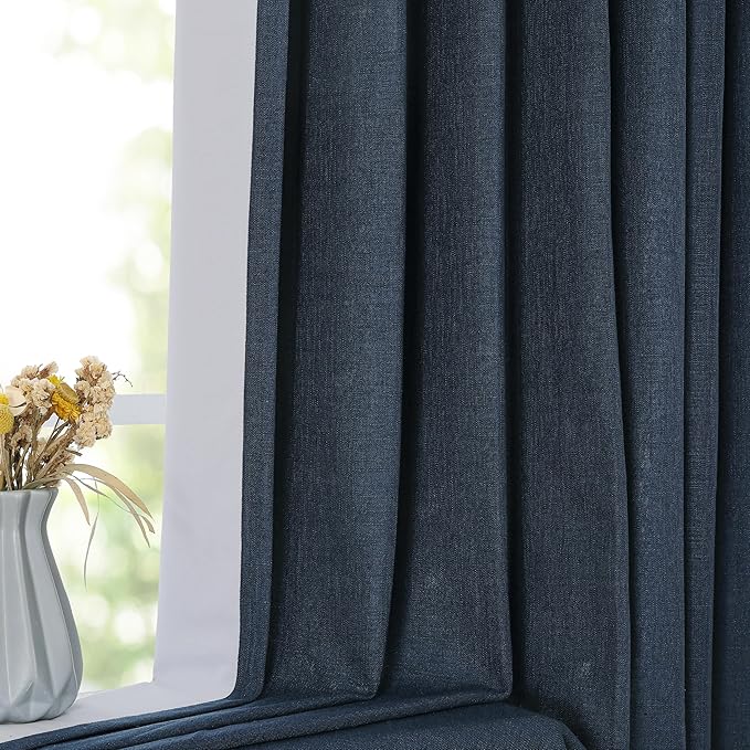 Vision Home Navy Blue Pinch Pleated Full Blackout Curtains Linen Blended Room Darkening Window Panels 108 inch for Living Room Bedroom Thermal Insulated Pinch Pleat Drapes with Hooks 60" Wx108 Lx1