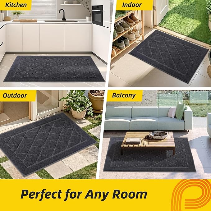 JSEI Dirt Trapper Door Mat 32"x48", Non-Slip Washable Entryway Mats, Dog Door Mat, Stain Resistant and Absorbent Floor Mats, Low Profile Welcome Mat for Front Back Door, Dark Grey