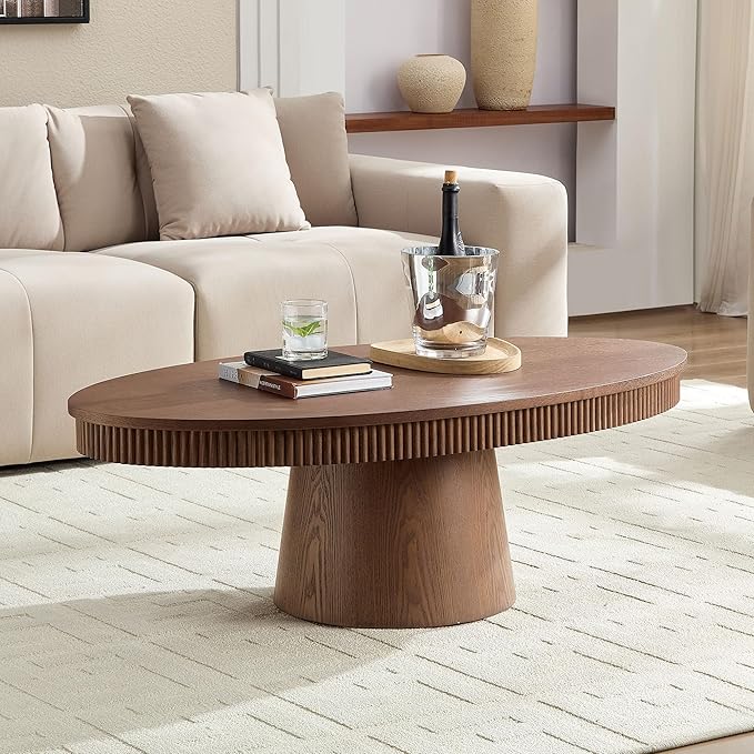 Modern Oval Coffee Table with Wood Pedestal,47.24" Farmhouse Center Table for Living Room, Ellipse Coffee Tables Tea Table for Bedroom, Apartment-Walnut