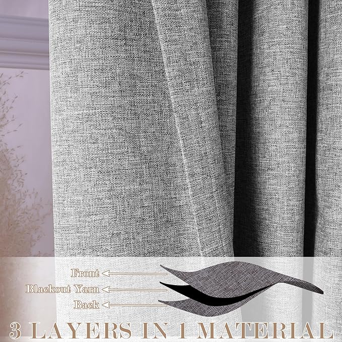 Extra Wide 100% Blackout Linen Textured Curtains - Room Dividers, W200 x L84 (1 Panel), Pinch Pleat Drapes for Living Room, Full Light Block Out Drapery for Sliding Door, Light Grey