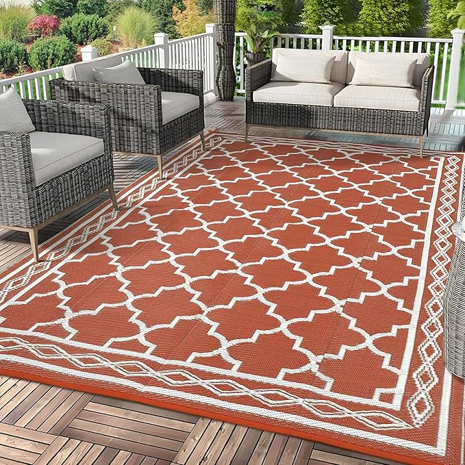 GAOMON Reversible Outdoor Rug 9'x18' Waterproof Plastic Straw Rug, Patio Rug, Large Modern Area Rug Carpet, Indoor Outdoor Rugs for Camping, Porch, Deck, Balcony, Backyard, Orange/White(Geometric)