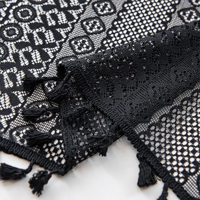 Sutuo Home Boho Valance Curtains for Kitchen Crochet Lace Sheer Bohemian Hollow Knitted with Tassels, Privacy Vintage Rustic Gothic Farmhouse Drapes, Rod Pocket 1 Panel 59" W x 18" L, Black