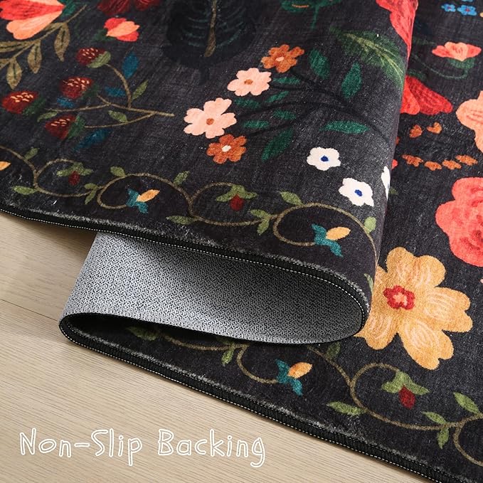 Runners for Hallways Kitchen Rug Non Slip 2'x 10' Long Washable Runner Rugs with Rubber Backing Soft Floral Carpet Runner for Hallways, Kitchen, Laundry, Bedroom, Bathroom(Black)