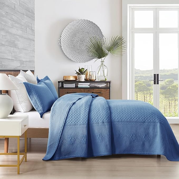 MarCielo 3-Piece 100% Cotton Oversized Bedspread Lightweight Quilt Coverlet Embroidery Farmhouse Bedding Set (TM Midtone Blue, Oversized Queen (100"x106"))