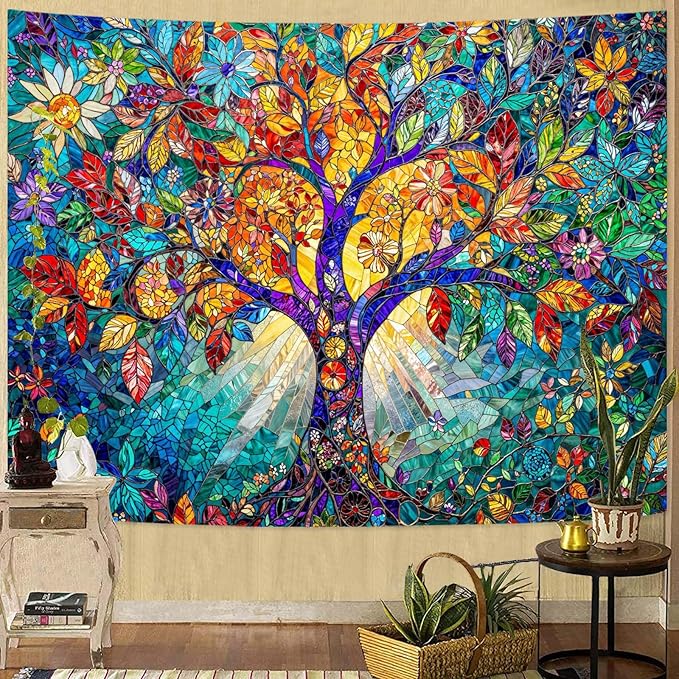 Lunerfex Tree of Life Tapestry Stained Glass Tapestry Wall Decor Tapestries for Bedroom Art Tapestries Wall Hanging for Bedroom Living Room Glass-Tree-02 60"x80"