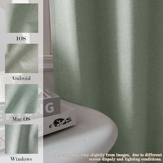 Fog Green Pinch Pleat 100% Blackout Drapes Linen Blend, Room Divider, Room Darkening, Energy Saving, Furniture Protecting, Light Blocking Extra Wide Privacy Curtains, 200Wx108L, 1 PC