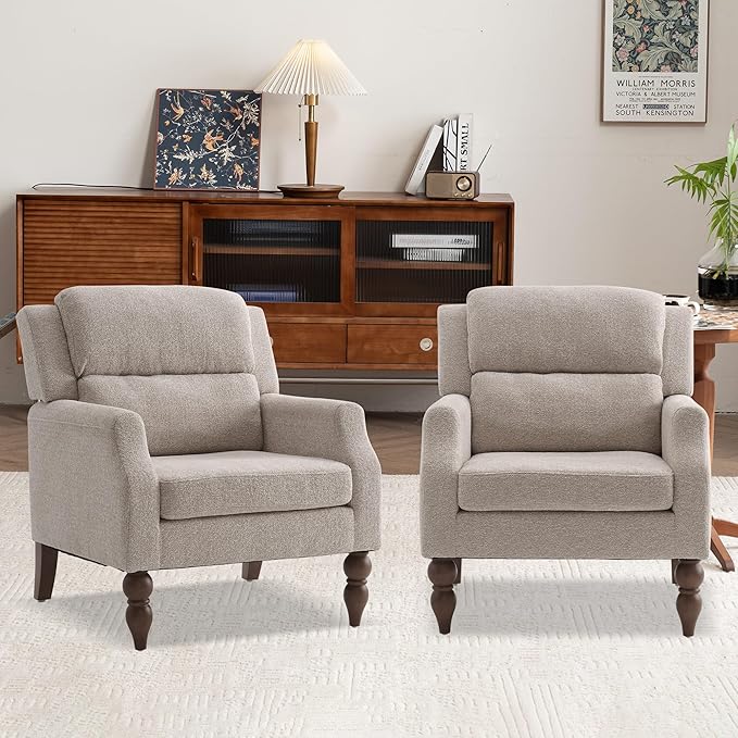 Kidol & Shellder Oatmeal Oversized Accent Chair for Living Room Set of 2 Modern Reading Chair with Back Wide Upholstered Comfy Single Sofa Chair Bedroom Lounge Side Corner Boucle Fabric Armchair