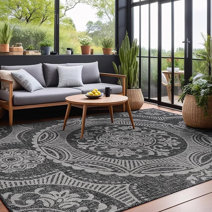 Medallion Outdoor Rug 10x14 Washable Outside Carpet for Indoor Patio Porch Waterproof Easy Cleaning Non Shedding Area Rugs Dark Gray 10 x 14