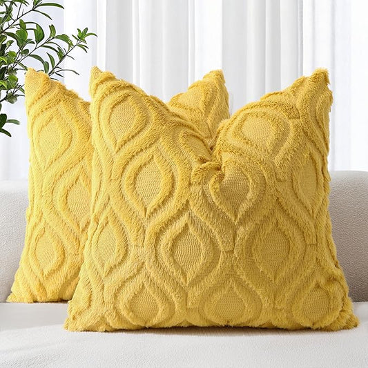 decorUhome Throw Pillow Covers 16x16 Inch Set of 2, Soft Plush Decorative Faux Fur Mustard Yellow Solid Couch Pillow Covers, Accent Farmhouse Neutral Square Euro Pillow Cases for Sofa Bed Living Room