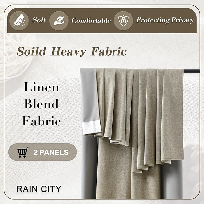 RAIN CITY Blackout Taupe Curtains 94 Inch Long for Bedroom Living Room Linen Textured Farmhouse Room Darkening/Thermal/Noise Reduction Window Treatment Drapes with Hooks 2 Panels, 2x50Wx94L in
