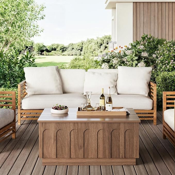 Lift Top Coffee Table with Storage, Mid Century Modern Coffee Table with Arched Design, 31.5" Square Tea Table with Wood Grain, Multifunctional Center Table for Living Room, Office, Walnut