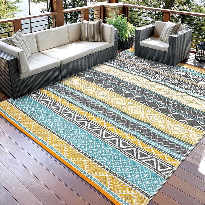 GAOMON Outdoor Rug for Patio 5'x8' Reversible Plastic Rugs Camping Mat for Outdoor, RV, Backyard, Deck, Balcony, Picnic, Beach, Teal/Yellow(Bohemia)