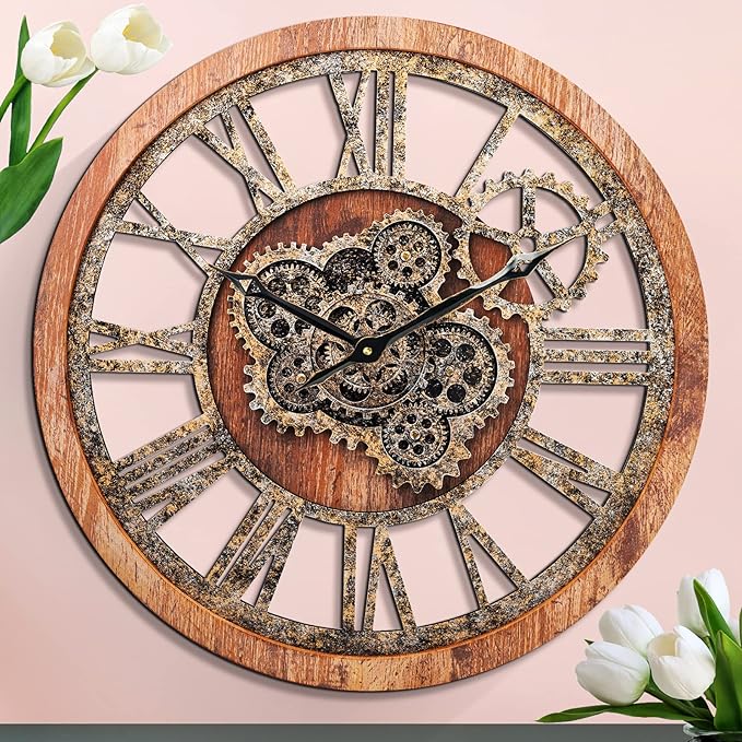HOIBAI Large Wall Clock 24 Inch Large Clocks for Living Room Decor with Moving Gears Vintage Industrial Steampunk Farmhouse Big Clock for Home Kitchen Bedroom Office