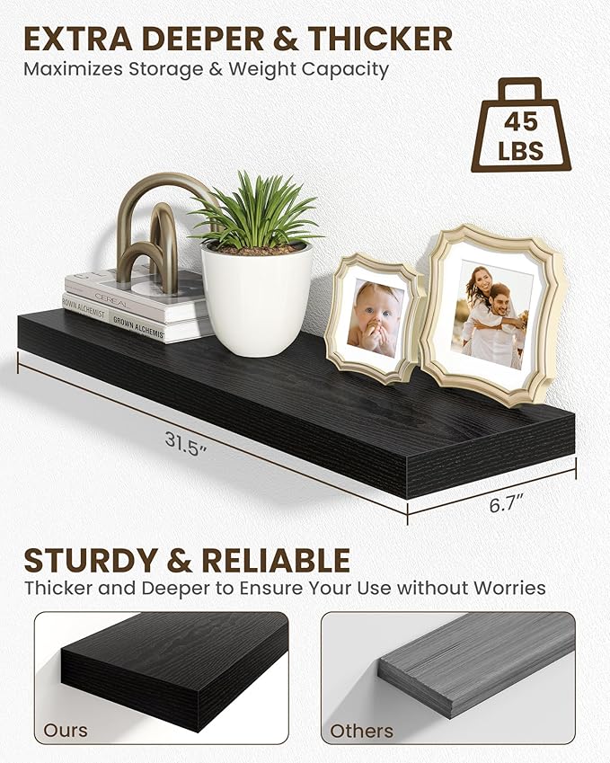 Marsmiles 31.5" Floating Shelves for Wall, Wooden Shelves with Invisible Brackets Set of 2, Rustic Farmhouse Wall Mounted Shelf for Kitchen Bathroom Living Room Study, Black