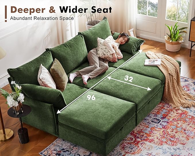 102.6" Modular Sectional Sofa, L Shaped Couch Set for Living Room, 3-Seater Comfy Cloud Couches with Movable Storage Ottoman,DIY Combination - Chenille Green