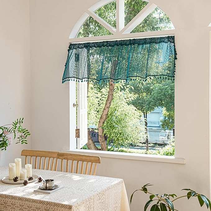 Sutuo Home Boho Valance Curtains for Kitchen Crochet Lace Sheer Bohemian Hollow Knitted with Tassels, Privacy Vintage Rustic Farmhouse Drapes, Rod Pocket 1 Panel 59" W x 18" L, Turquoise