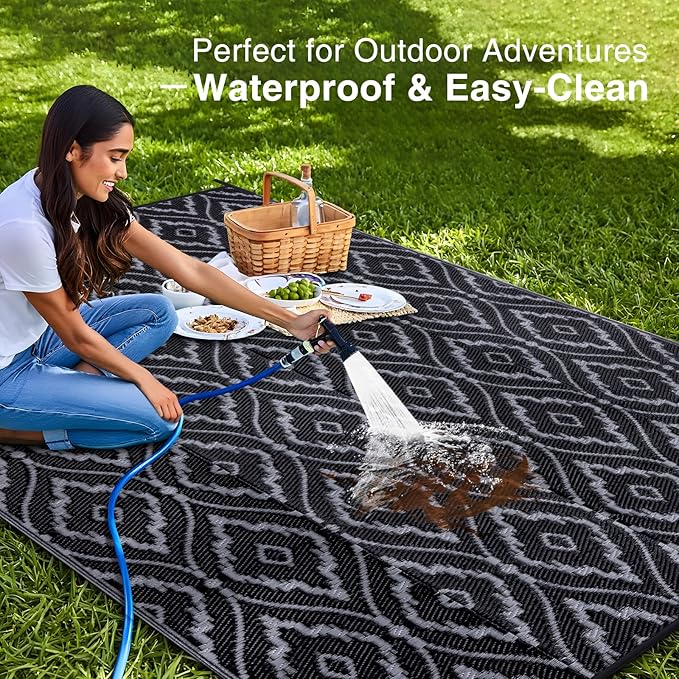 OLANLY Outdoor Rug 6x9 ft Waterproof, Outdoor Plastic Straw Rug with Geometric Pattern Clearance, Reversible RV Mat for Patio, Camping, Balcony, Deck, Backyard, Black & Grey
