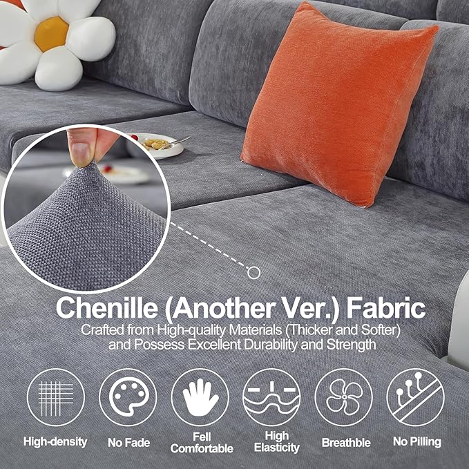 Chenille Sofa Armrest Covers, Soft Stretch Non-Slip Couch Arm Covers for Sofa, Chair or L Shaped Sectional, Furniture Protector (2 Pieces, Dark Grey)