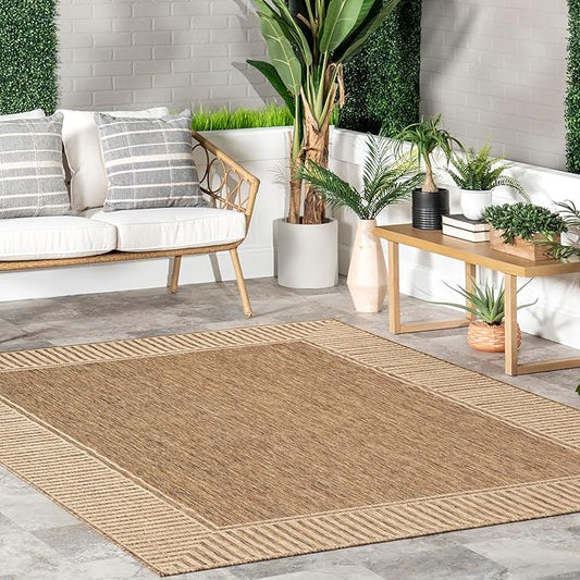 nuLOOM 4' x 6' Outdoor Area Rug, Casual Design With Striped Border, Stain Resistant, Highly Durable, For Patio, Balcony, Bedroom, Living Room, Dining Room, Bathroom, Light Brown