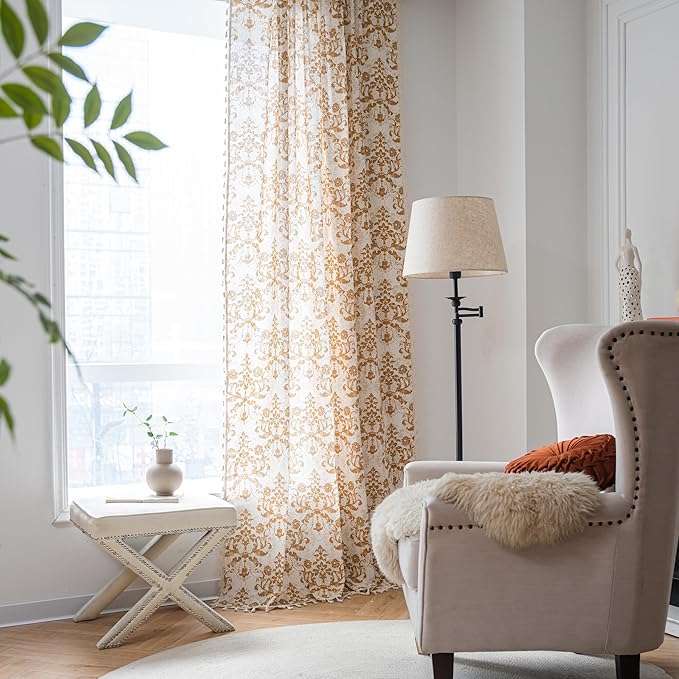 Sutuo Home Boho Curtains 63 Inches Length for Bedroom Living Room, Printed Moroccan Cotton Linen Rod Pocket Rustic Farmhouse Bohemian Tassels Window Treatment, 1 Panel 59" W x 63" L, Brown Damask