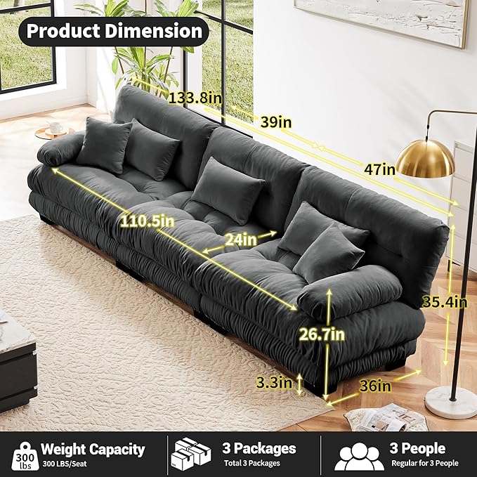 Modular Sectional Sofa Cloud Couch 3-Seater Deep Seat Sofa Couch, Oversized Couch Bed Sectional Couch with Round Bolster Armrests 5 Pillows, Modern Sofa Chair Comfy Couch(Gray)