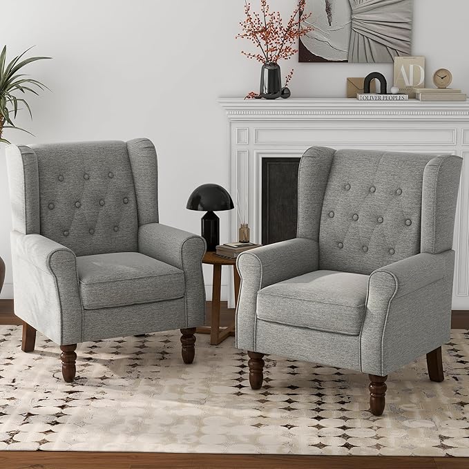 Lumibee High Back Accent Chair Set of 2,Upholstered Wingback Armchair with Solid Wood Legs for Small Spaces,Comfy Single Sofa Chair for Living Room,Bedroom,Office-Light Gray