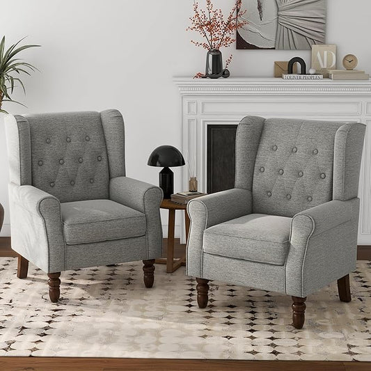 Lumibee High Back Accent Chair Set of 2,Upholstered Wingback Armchair with Solid Wood Legs for Small Spaces,Comfy Single Sofa Chair for Living Room,Bedroom,Office-Light Gray