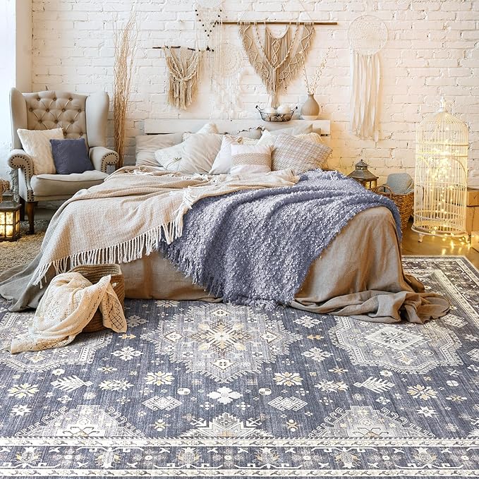 Washable Area Rugs for Living Room -8x10 Neutral Vintage Distressed Floral Farmhouse Boho Large Soft Floor Rug Indoor Non Slip Carpet for Living Room Bedroom Dining Room Office - Denim Blue/Grey