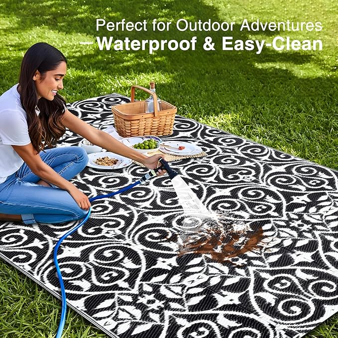 OLANLY Outdoor Rug Waterproof 5x8 ft Clearance, Reversible Outdoor Plastic Straw Rug with Floral Pattern, RV Mat for Patio, Camping, Balcony, Deck, Backyard, Black & White