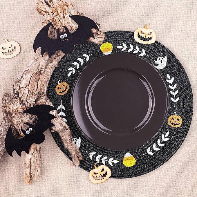 Whaline 4Pcs Round Halloween Placemats Embroidered Ghost Pumpkin Candy Corn Place Mats Black Spooky Dinner Table Mats for Halloween Party Decor