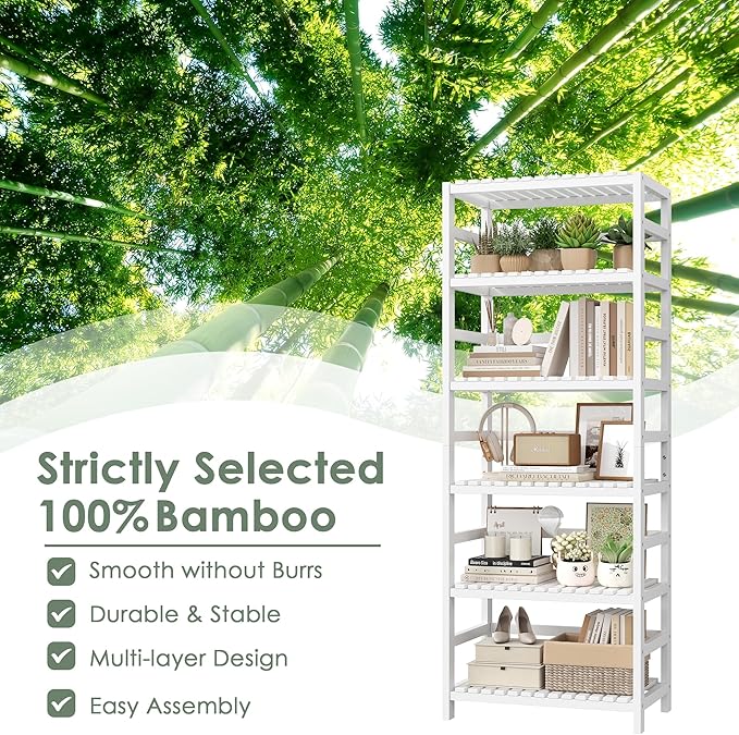 FOTOSOK 6-Tier Bamboo Shelf Set of 2, Bamboo Bookcase with Adjustable Shelves, Free Standing Storage Shelf Unit Plant Flower Stand, Tall Large White Bookshelf for Kitchen, Bathroom, Home Office, White