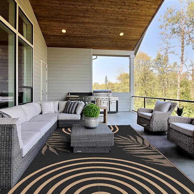 GENIMO Outdoor Rug 5' x 8' Waterproof for Patio Clearance, Reversible Plastic Straw Camping Carpet, Lightweight Rugs Mats for Rv, Backyard, Deck, Porch, Picnic, Balcony, Mix-Black & Brown