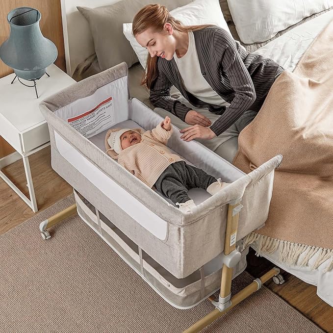 Baby Bassinet Bedside Sleeper, besrey Bedside Bassinet for Newborn Infant with Comfy Mattress, 9 Height Positions, Adjustable Bedside Crib with 360° Swivel Wheels Bassinet for Baby with Storage Basket