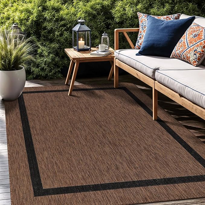 Bordered Outdoor Rug 6x9 Washable Outside Carpet for Indoor Patio Porch Waterproof Easy Cleaning Non Shedding Area Rugs Nut Brown - Black 6 x 9