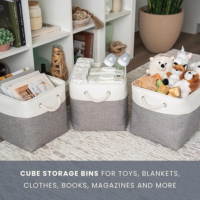 OrganiHaus 11x11 Cube Storage Bins 4 Pack, Foldable Cube Storage Organizer w/ Rope Handles, Collapsible Fabric Bins for Toys, Clothes & Closet Organization, Fabric Square Baskets - Gray/White