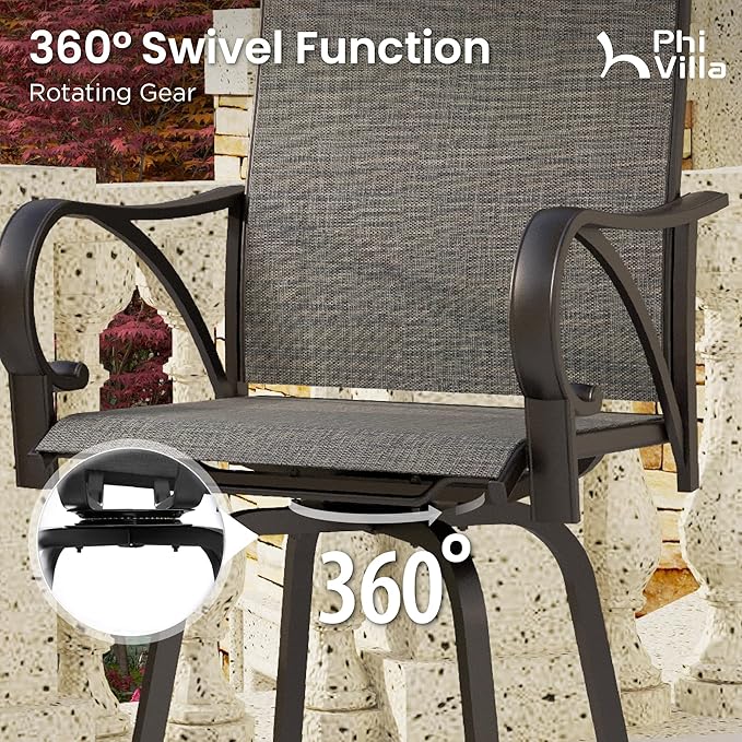 PHI VILLA 3 Piece Outdoor Bar Set, Bar Height Patio Bistro Table and Bar Chairs with Gray Textilene Fabric & Rustproof Metal Frame for Backyard, Balcony, Garden Poolside