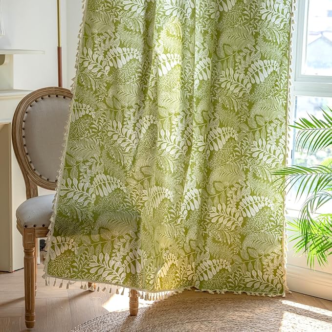 Sutuo Home Boho Curtains 84 Inches Length for Bedroom Living Room, Printed Cotton Linen Rod Pocket Rustic Farmhouse Bohemian Tassels Window Treatment, 1 Panel 59" W x 84" L, Green Botanic Leaves