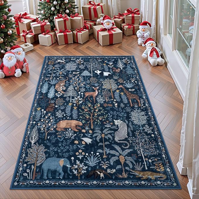 OJIA Jungle Print Blue 5x7 Rugs for Living Room, Soft Ultra-Thin Washable Area Rugs for Bedroom Non-Slip Modern Entryway Rug Non Shedding Indoor Carpet Kids Rugs for Playroom Nursery Classroom