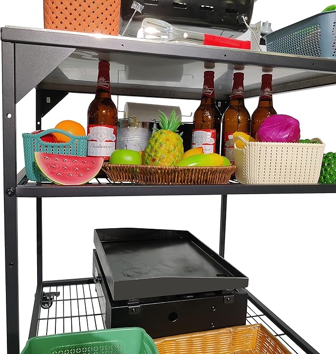Stainless Steel 3-Tier Mobile Cart for Outdoor Grills & Pizza Ovens