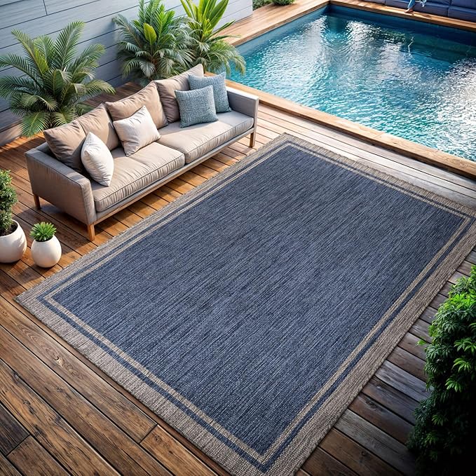 CAMILSON Outdoor Rug, 9x12 Bordered Navy Blue Gray Modern Large Area Rugs for Indoor and Outdoor Patios, Porches Waterproof Washable Porch Deck Outside Carpet (Bordered Navy, 9 x 12)