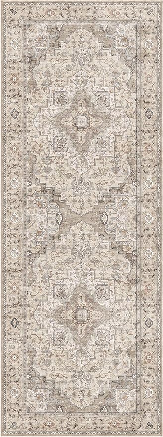 Washable 2x6 Runner Rug - Area Rugs Neutral Vintage Distressed Floral Farmhouse Boho Large Soft Floor Rug Indoor Carpet for Hallway Entryway Bedroom Kitchen - Brown/Multi