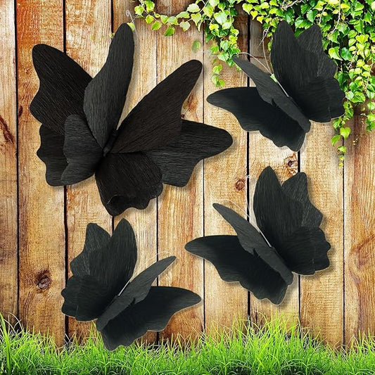 Party Butterfly Decorations, Black 3D Butterfly Birthday Decoration, 4 Pcs Crepe Paper Hanging Decor for Room, School, Black Theme, Flower Party for Garden, Dining Table Decor
