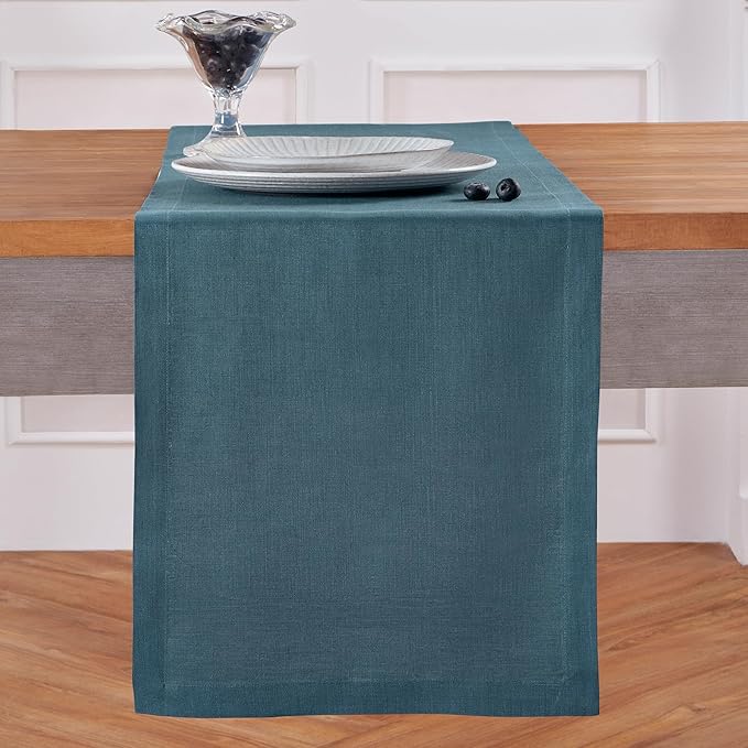 Solino Home Peacock Blue Table Runner 36 Inches - 100% Pure Linen Short Table Runner 14 x 36 Inch Ideal for Dresser and Coffee Tables - Fete