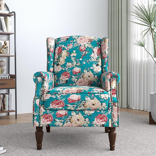 Lumibee Wingback Accent Chair,High Back Floral Armchairs in Fabric,Comfy Upholstered Reading Single Sofa Chair with Solid Wood Legs for Living Room,Bedroom,Office-Peacock Blue