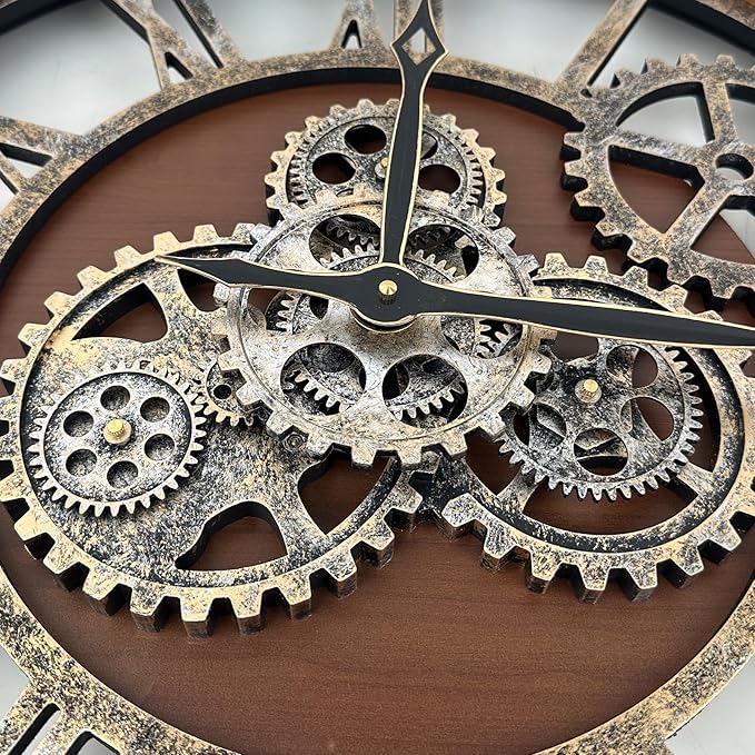 The B-Style Large Wall Clock 24 inch Moving Gear Wall Clock Oversized Vintage Farmhouse Wall Clocks for Living Room Decor Rustic Industrial Wood Clock (Black walunt Wood and Bronze)