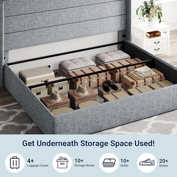 Allewie King Size Lift Up Storage Bed, Modern Wingback Headboard, Hydraulic Support, No Box Spring Needed, Grey Blue